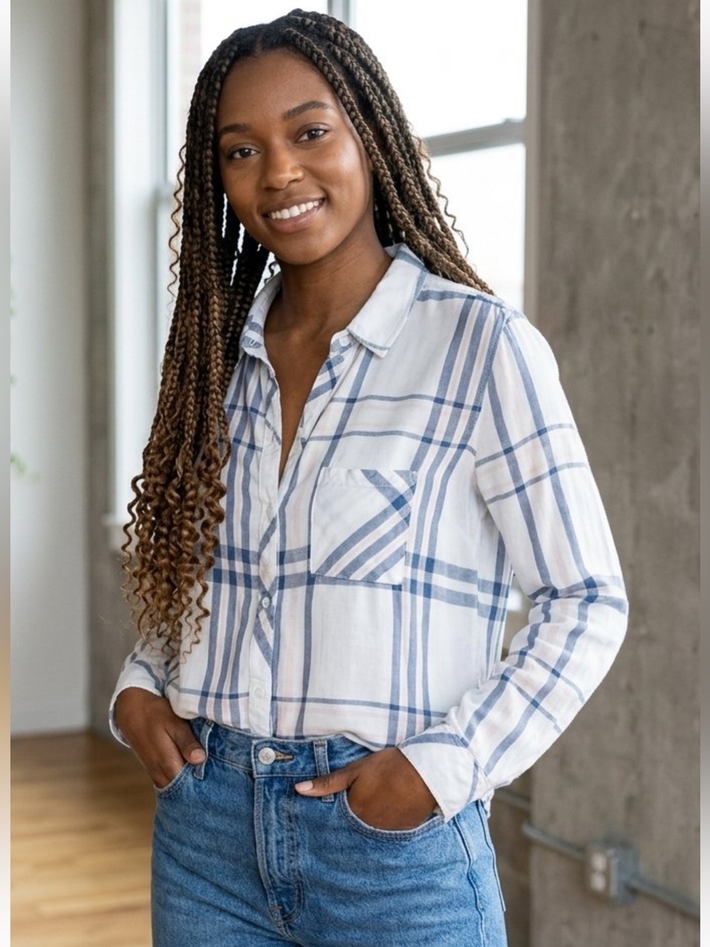 Rails Hunter Plaid Button Down Shirt Indigo Powder Blush Size L (M-L), GUC